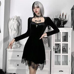 LACE Long Sleeve Dress Black Draped Bodycon Goth Vintage Style Halloween Costume
